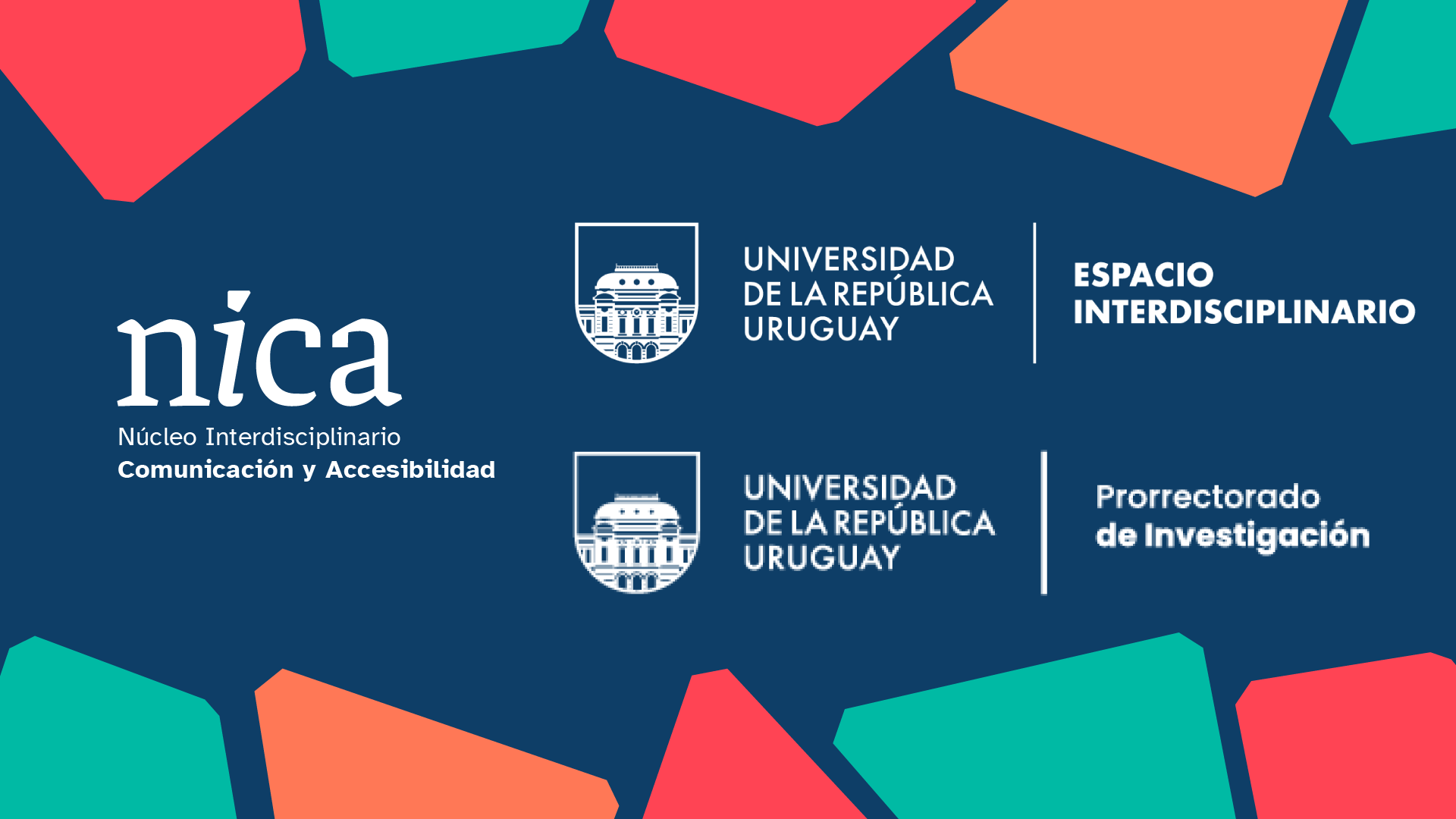 En letras blancas centrado sobre un fondo azul, los logos del NICA, Espacio Interdisciplinario Udelar y Prorrectorado de Investigación Udelar. En los bordes de la imagen, rombos rellenos de color verde, rojo y anaranjado decoran la imagen.